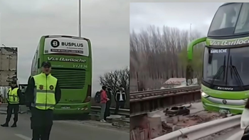 El colectivo quedó suspendido en la mitad del puente carretero. 