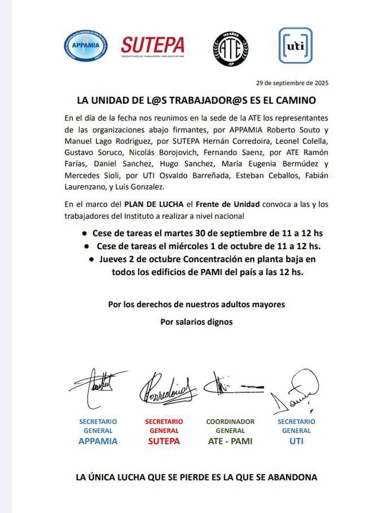 Comunicado firmado en conjunto con los gremios.