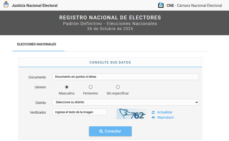 Así se visualiza la consulta online del padrón electoral definitivo para el 26 de octubre.