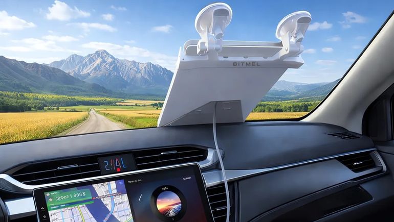 La antena de Starlink Mini con el soporte para el auto.