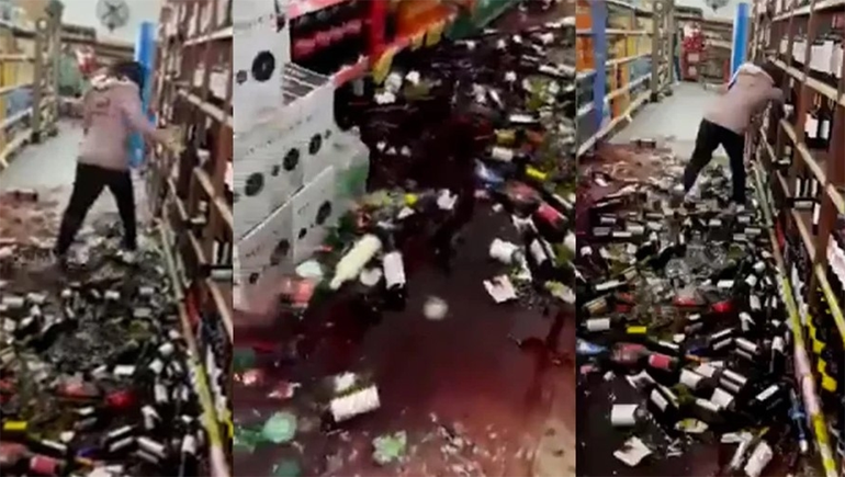 Video: la echaron del supermercado y destrozó la góndola de vinos
