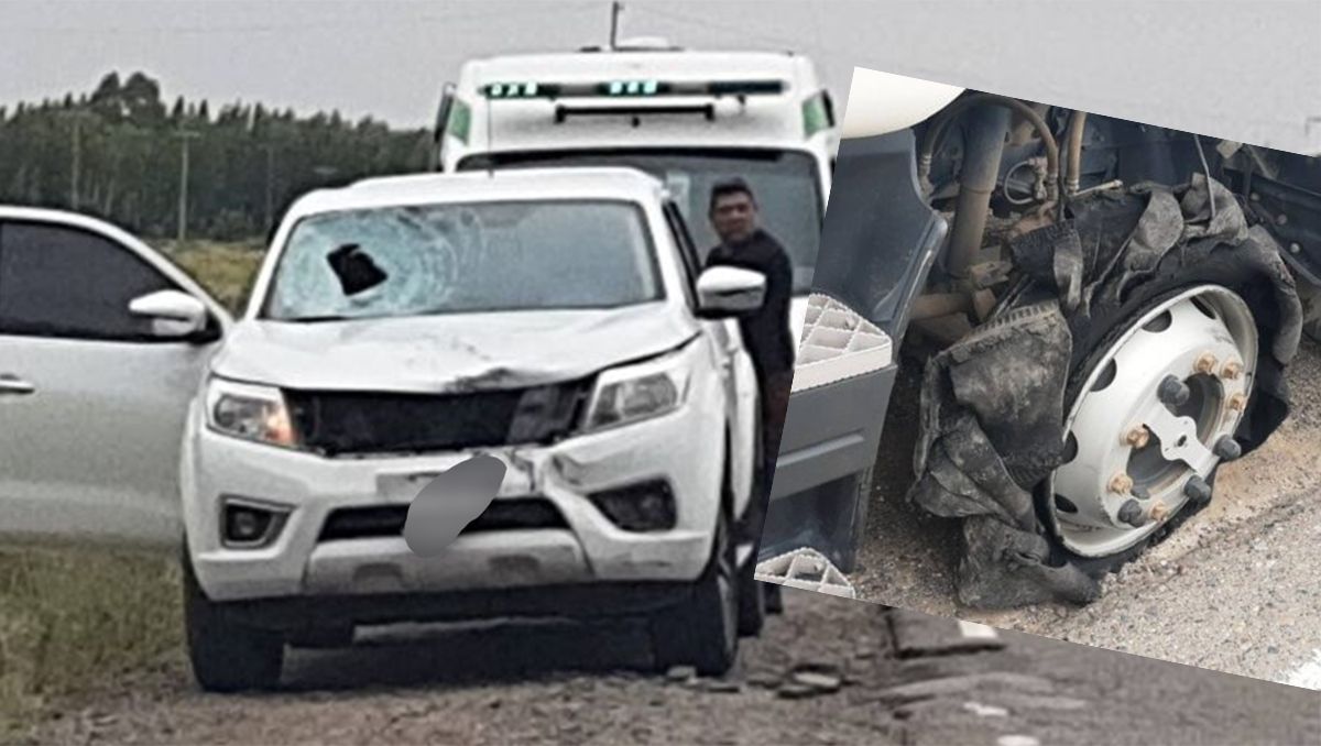 Camión reventó una cubierta y el caucho cayó en una camioneta