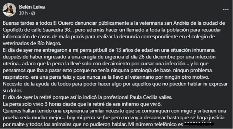 La publicación de Belén que motivó cientos de mensajes con relatos similares de maltrato y negligencia en la misma clínica veterinaria. 