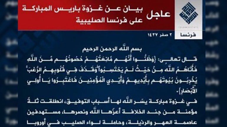 EL Estado Islámico emitió un comunicado en relación a los atentados en Francia.&nbsp;