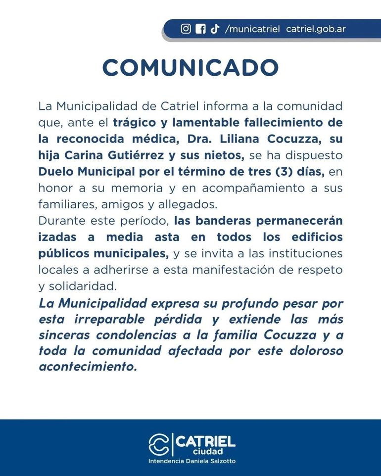 La Municipalidad de Catriel decletó tres días de duelo. 
