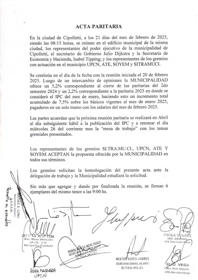 El acta paritaria firmada esta mañana.