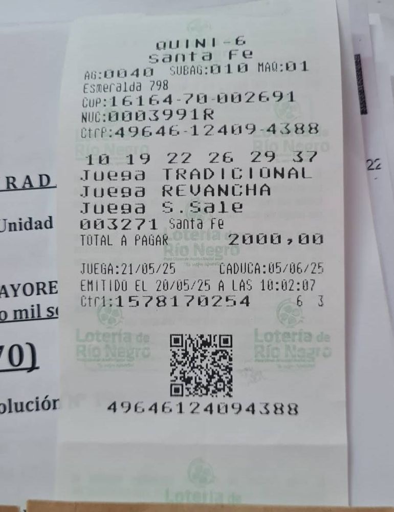 Esta es la boleta del iluminado que ganó el Quini 6 en Cipolletti.