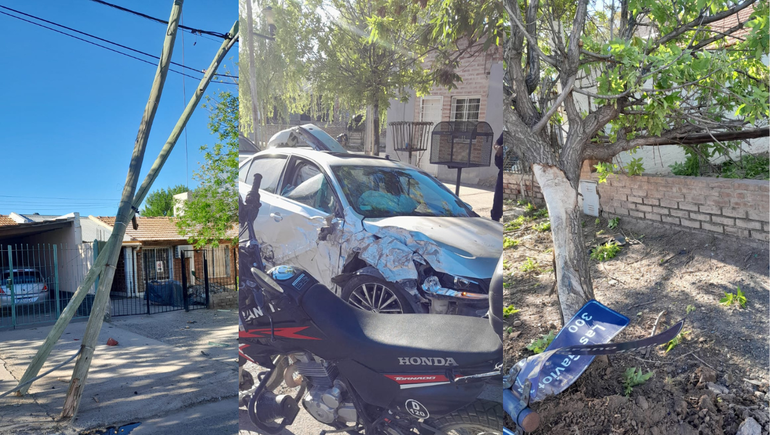Chocó postes, un cartel y un árbol en Neuquén: destruyó el auto VW Vento y escapó