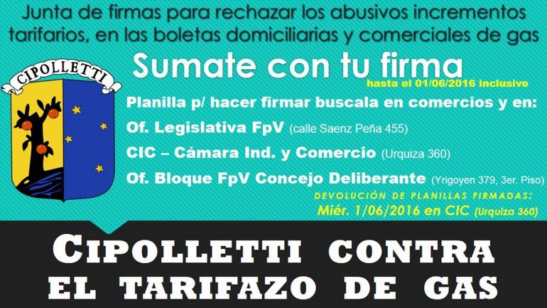 Juntan firmas contra el tarifazo de gas en Cipolletti