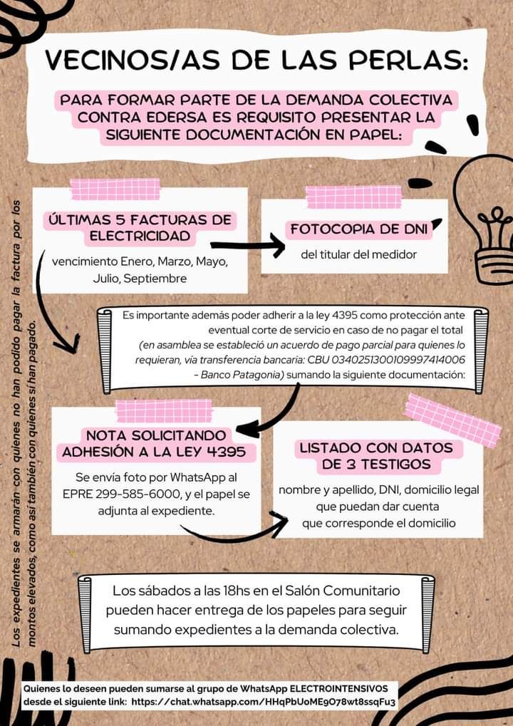 Los perlenses afectados por los montos elevados que cobra Edersa deben cumplir una serie de requisitos para participar en la demanda colectiva que se presentará en la Justicia. Alrededor de 70 ya armaron sus expedientes contra el tarifazo.