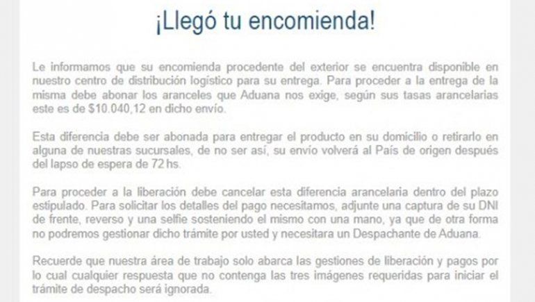 Falsa encomienda del extranjero, la nueva estafa que llegó al Alto Valle