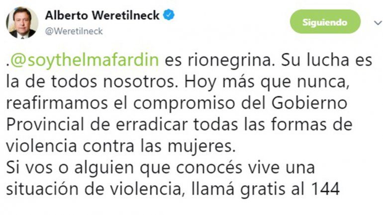 Weretilneck se sumó a la campaña contra la violencia de género