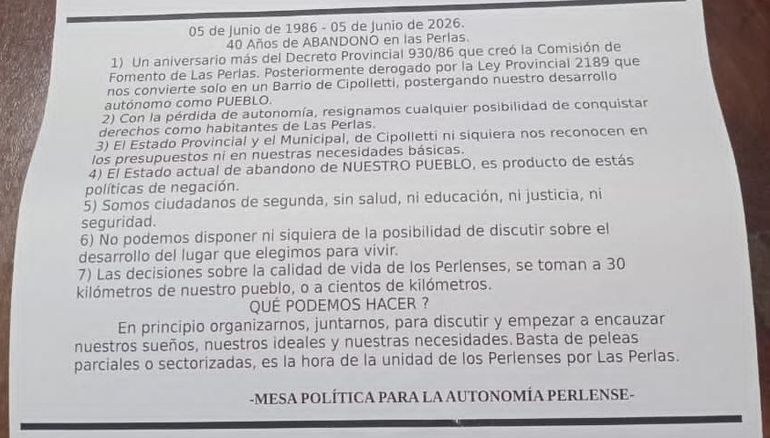 Este viernes 5 de junio, habrá una volanteada en la comunidad perlense en reclamo de autonomía y municipalización. No se descarta que el reparto de volantes se repita al día siguiente, sábado 6 del mes.