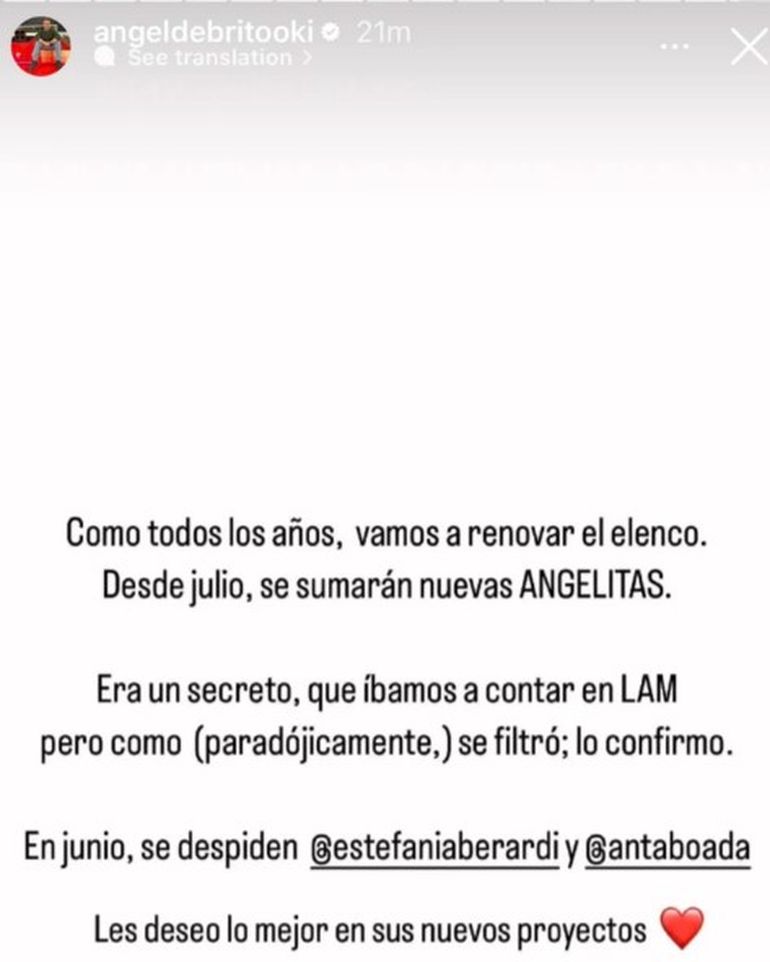 El posteo de Ángel de Brito donde anuncia que dos panelistas dejan LAM a fin de mes.