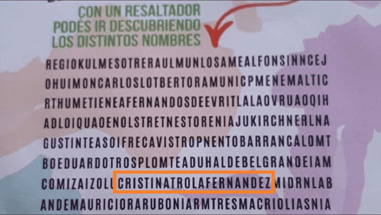 Encontraron un insulto a Cristina en una sopa de letras educativa