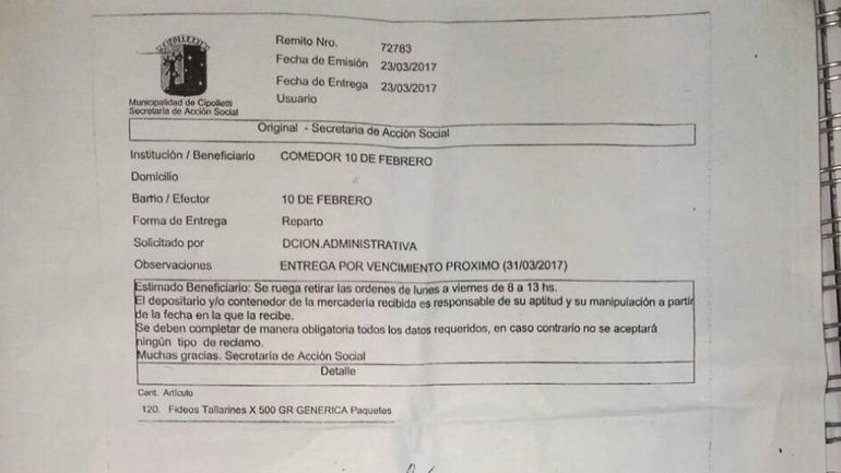 El municipio desmintió la entrega de fideos vencidos a un comedor comunitario