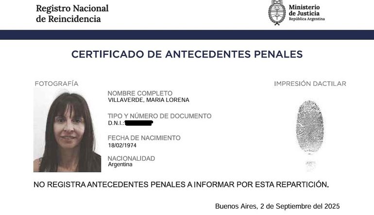 El certificado de antecedentes penales que exhibi&oacute; Villaverde en su alocuci&oacute;n en la C&aacute;mara de Diputados.