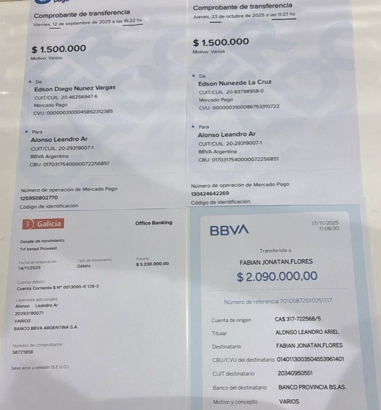 Los comprobantes de pago que, según la denuncia, le enviaron al representante del cantante.