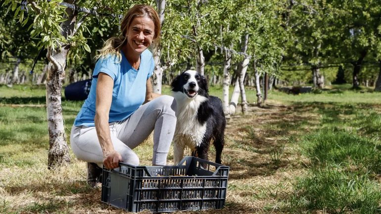 Virginia recoge almendras con la ayuda del fiel Milo. Foto Anahí Cárdena.