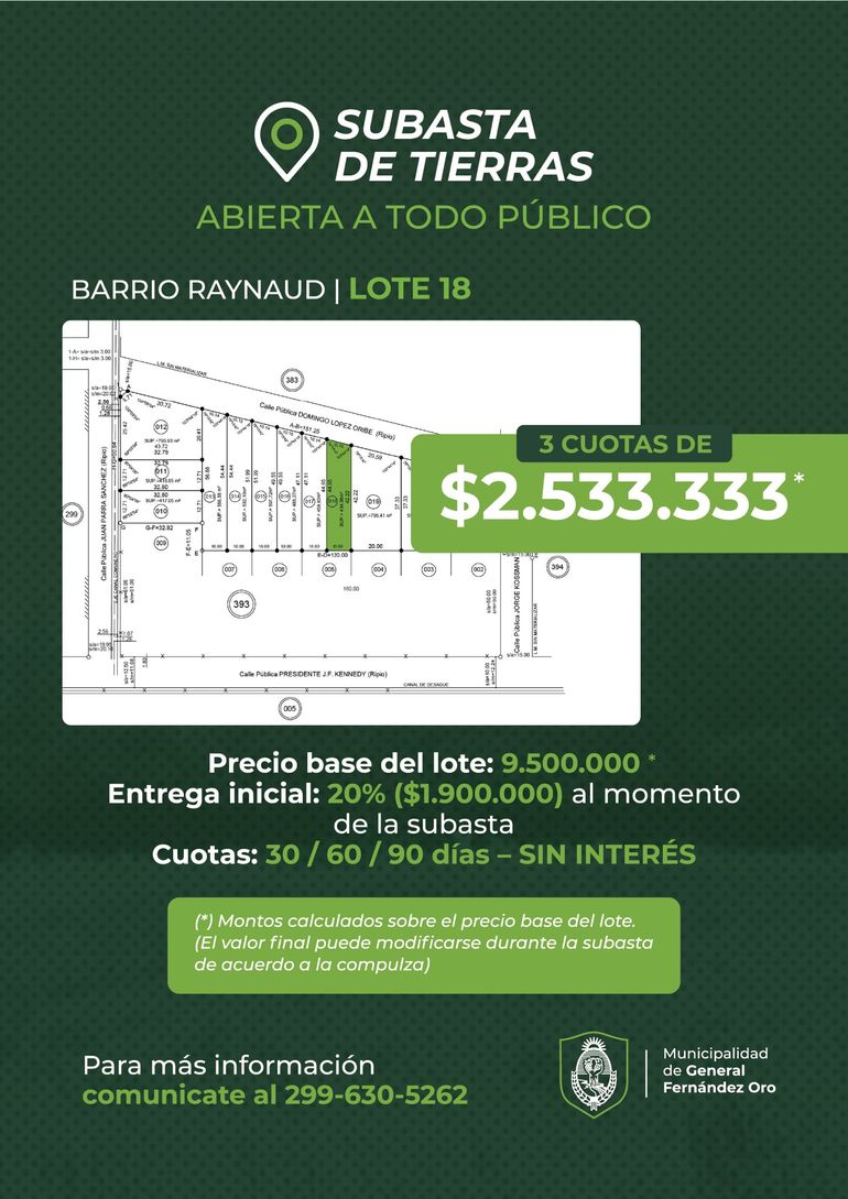 Subasta de terrenos en Fernández Oro. 