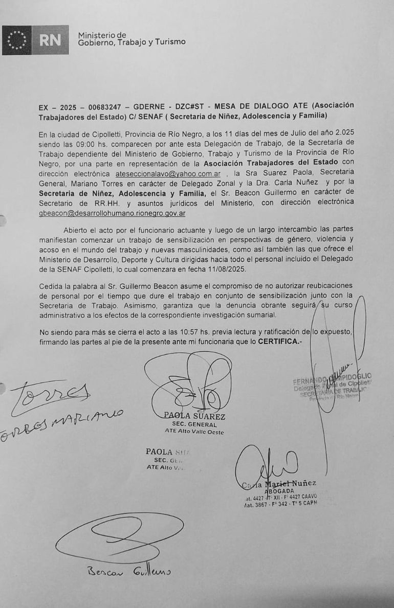 Acta de mediación entre ATE y el subsecretario de Recursos Humanos de Río Negro.