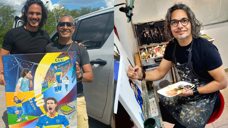 Sergio en plena obra y en la entrega del cuadro a Cavani.