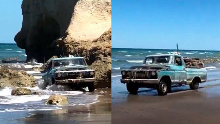 Viejos son los trapos: ni la pleamar frenó a una antigua F100 en Las Grutas