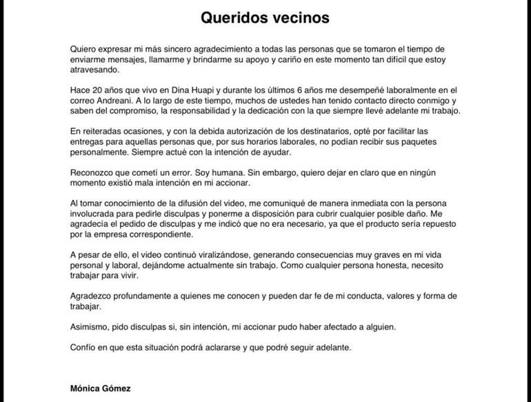 La carta con la que Mónica lamentó su despido, reconoció su cuota de culpa y agradeció el apoyo.