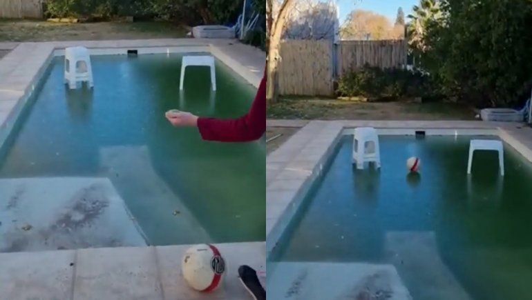 Viral: se le congeló la pileta y decidió jugar a la pelota sobre hielo