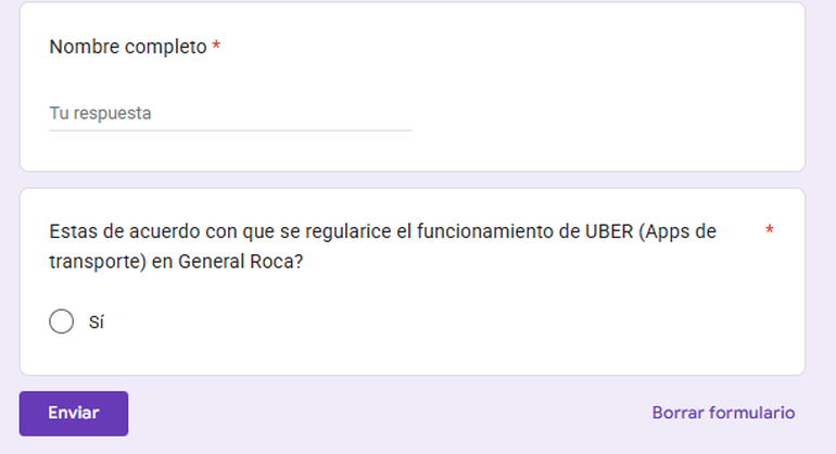 Formulario para apoyar la petici&oacute;n de UBER en General Roca.