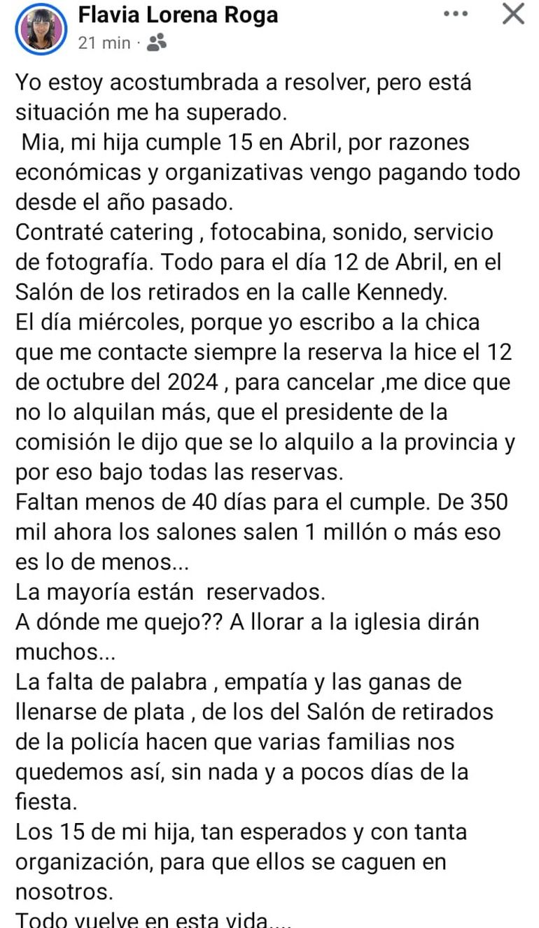 La damnificada escribió en su red social sobre la situación.
