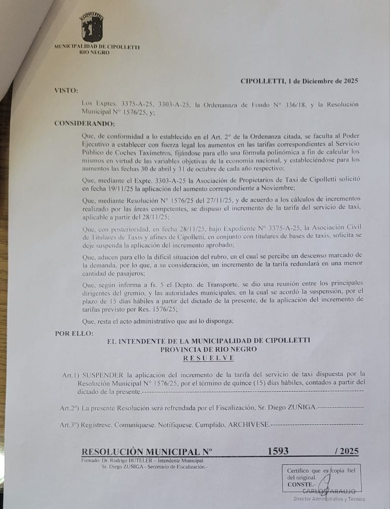La resolución se oficializó el 1 de diciembre por 15 días.