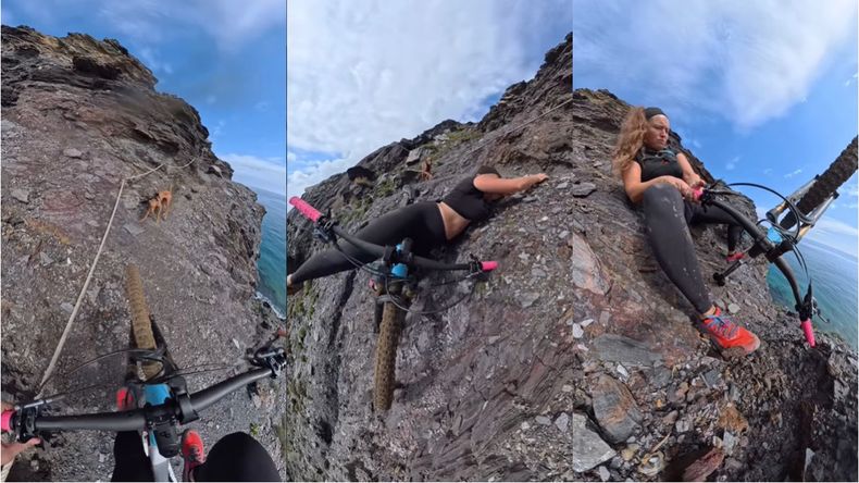 La influencer pedaleaba por el sendero angosto de un terreno inclinado cuando se detuvo ante su mascota y resbaló.