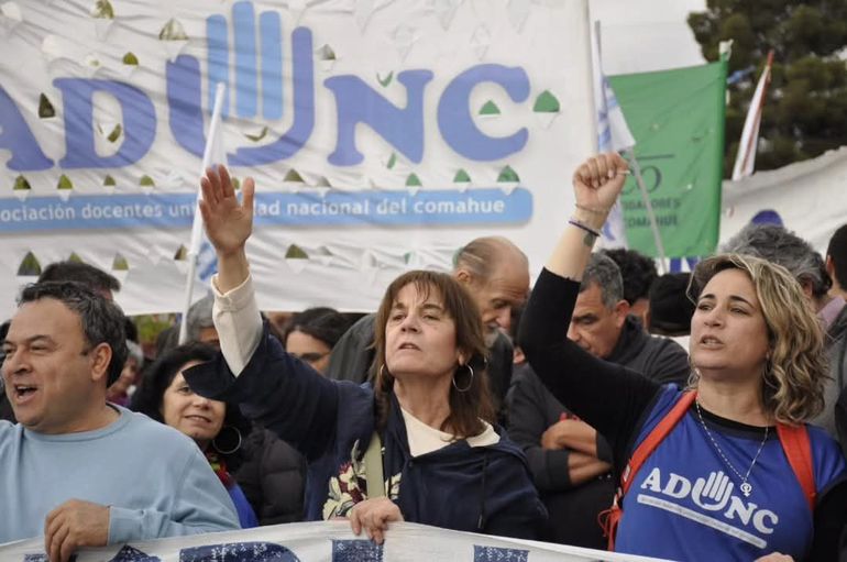 La referente de Adunc, Silvia Brouchoud, encabezó, junto a la rectora de la UNCo, Beatriz Gentile, y otros dirigentes, la reciente marcha que se realizó en Neuquén contra el veto al financiamiento universitario. Ahora, el gremio se prepara para la definición en el Senado.