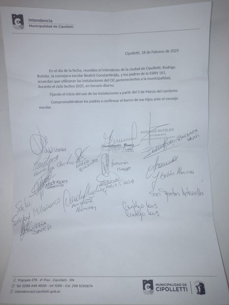Se acordó mediante firma de las partes, el uso del CIC de la Municipalidad durante el 2025 para los estudiantes de la escuela 161.