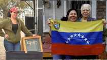 Jhorley vende arepas y tequeños, comida típica de su país, en el espacio verde de Oro. Aura y Aunel, madre e hija venezolanas radicadas en Cipolletti.
