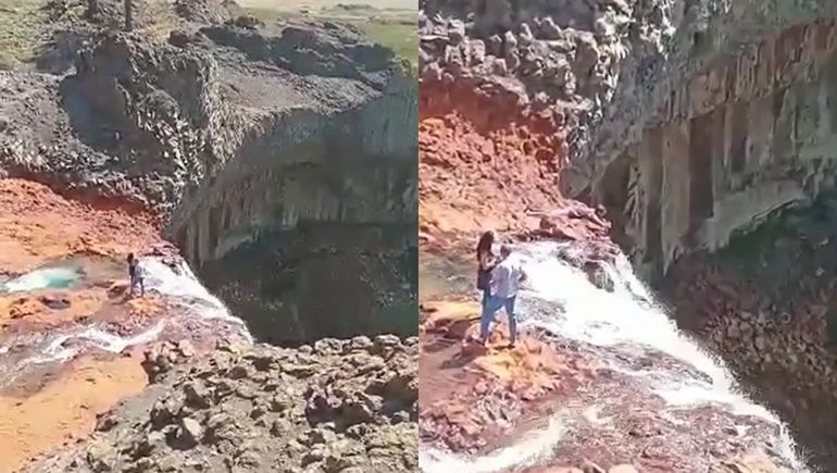 Video: la selfie temeraria de una pareja de turistas en el Salto del Agrio
