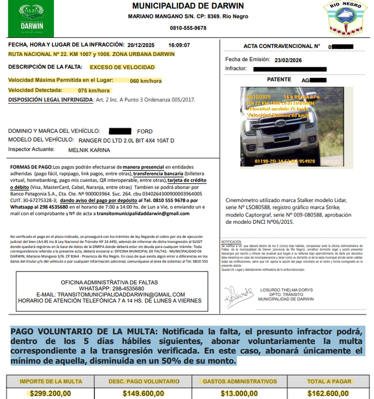 Acta de infracción por exceso de velocidad.