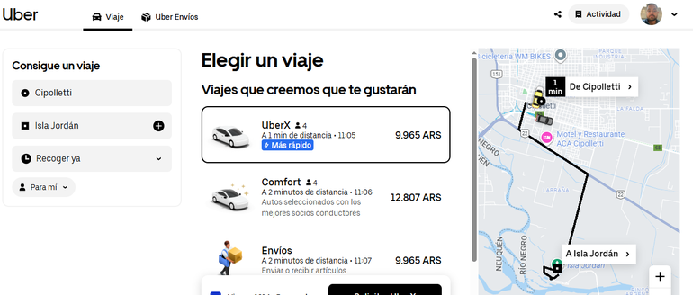 Uber continúa tomando viajes en Cipolletti. (Simulación viaje desde centro a Isla Jordán)