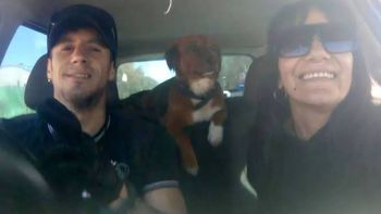 La pareja quedó varada junto a su simpática perrita en Pomona.