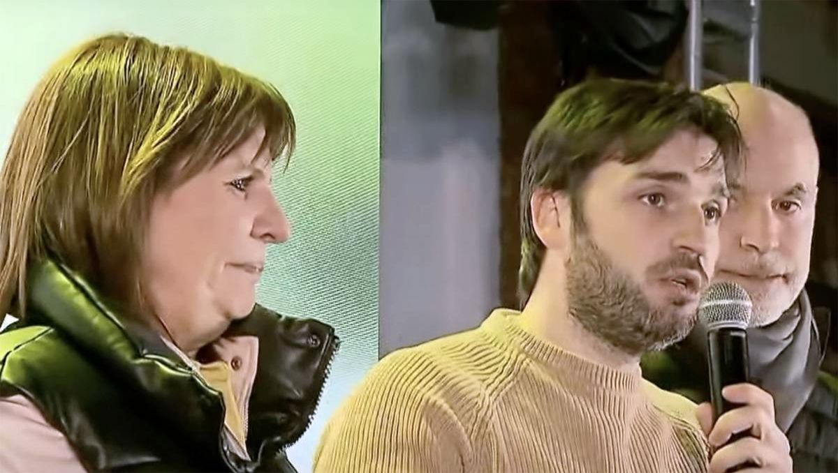 Acompañado de Patricia Bullrich y Horacio Rodríguez Larreta, el nuevo gobernador de Chubut celebra ante su gente.
