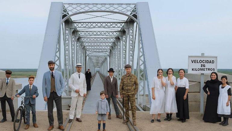 Una impactante imagen de época de una familia al pie del puente interprovincial. Una joyita vía IA.