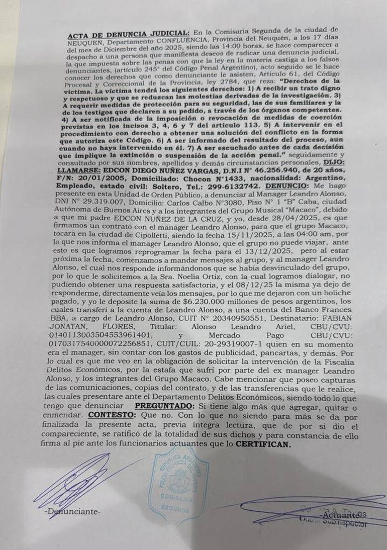 La denuncia fue presentada en una comisaría de Neuquén, donde reside la familia.