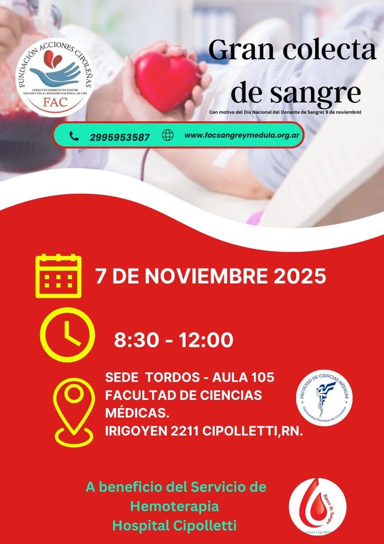 La colecta se llevará adelante en la Facultad de Ciencias Médicas de la Universidad Nacional del Comahue.  