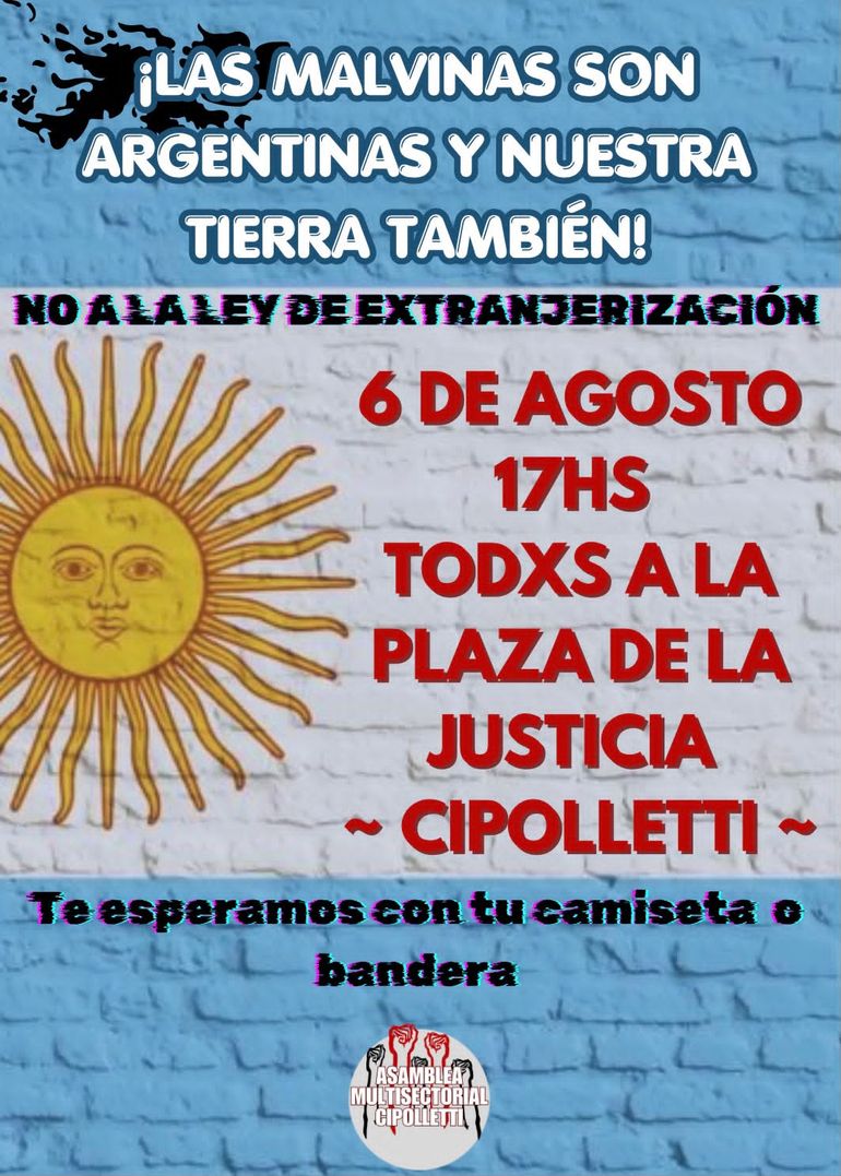 La Asamblea Multisectorial de la ciudad está convocando a manifestarse contra el proyecto de inviolabilidad de la propiedad privada del gobierno de la Nación, al que también se conoce como ley de extranjerización de tierras. La Asamblea Multisectorial de la ciudad está convocando a manifestarse contra el proyecto de inviolabilidad de la propiedad privada del gobierno de la Nación, al que también se conoce como ley de extranjerización de tierras.