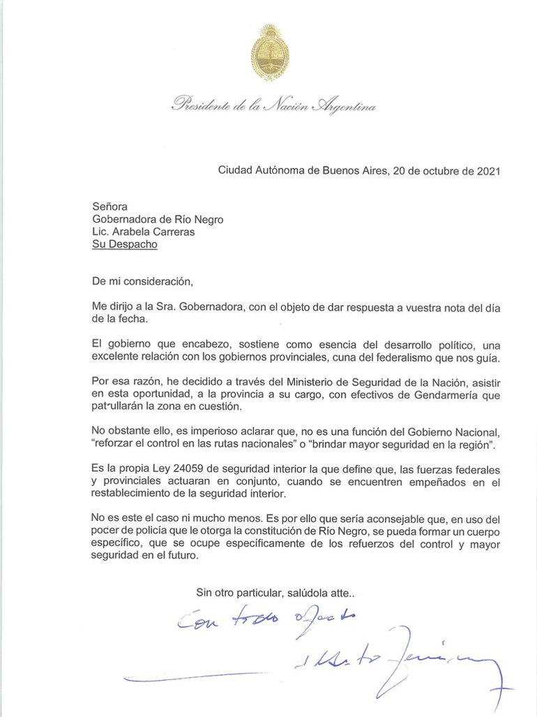 Alberto Fernández envía Gendarmes, pero le aconsejó a Carreras un grupo especial