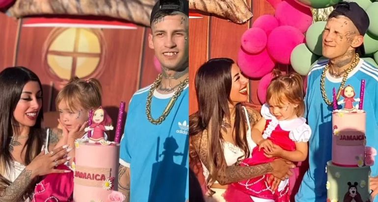 Tamara Báez y Elian Valenzuela en el momento de soplar las velitas con Jamaica.