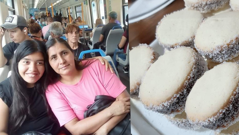 Alejandra junto a Daniela en el colectivo y los alfajores que vendió en la otra imagen.