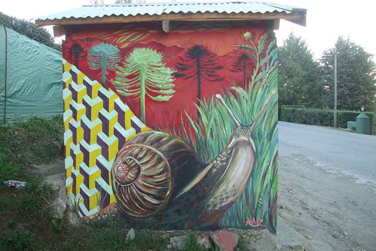 El graffiti está presente en lugares cotidianos de Bariloche, como esta garita de colectivo ubicada en la Bustillo. 