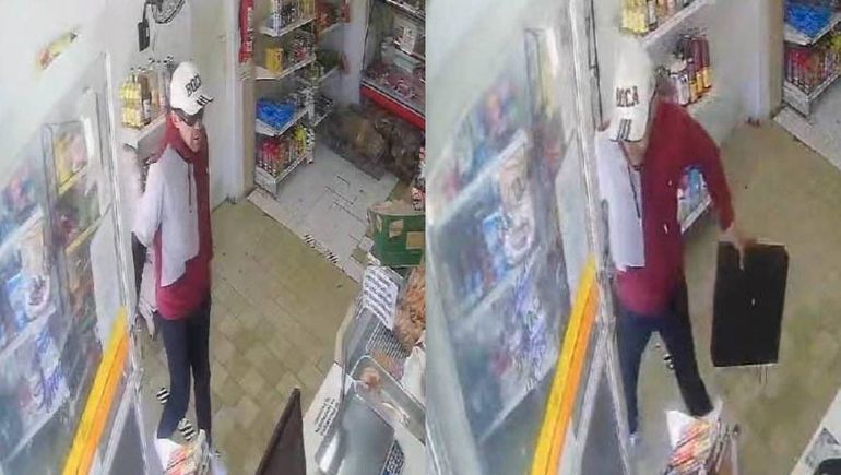 El ladrón de lentes oscuros entró a la carnicería sin cerrar la puerta e velozmente tomó la registradora y escapó.&nbsp;